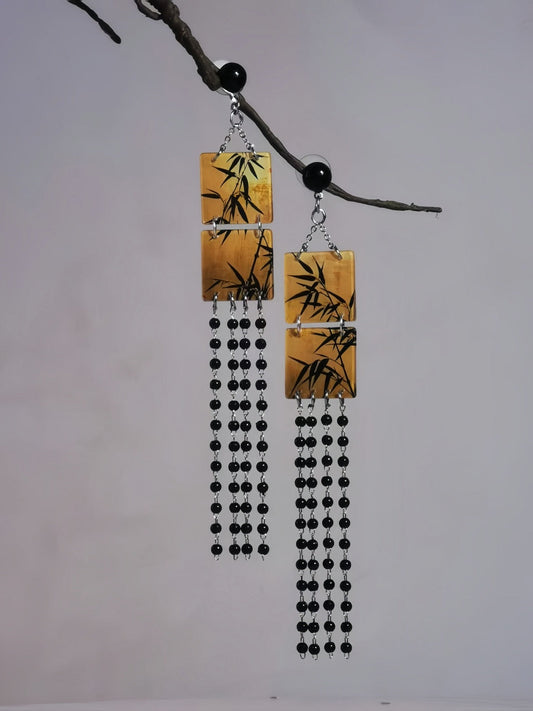 Bamboo Leaves square tassel earrings - traditional Chinese hanfu jewelry — side profile