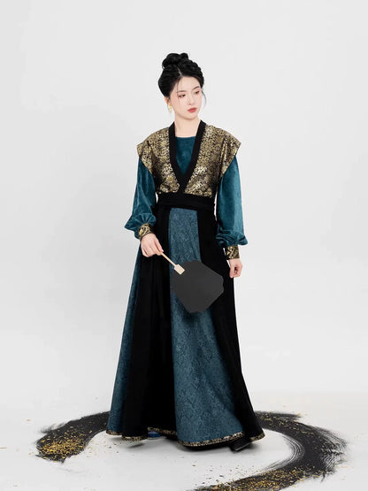 Tang Dynasty Modern Hanfu Set with Beizi Overlay & Flowing Eight-Panel Skirt - Song of Mulan 木兰颂 (Preorder)