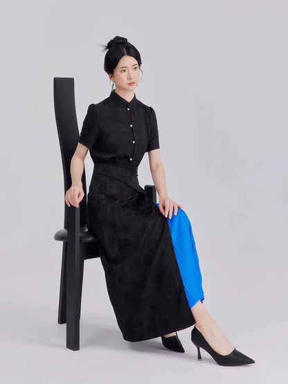 New Chinese Style Women Cropped Jacquard Shirt & Asymmetrical A-Line Skirt - Nocturne 静夜曲 (Preorder)