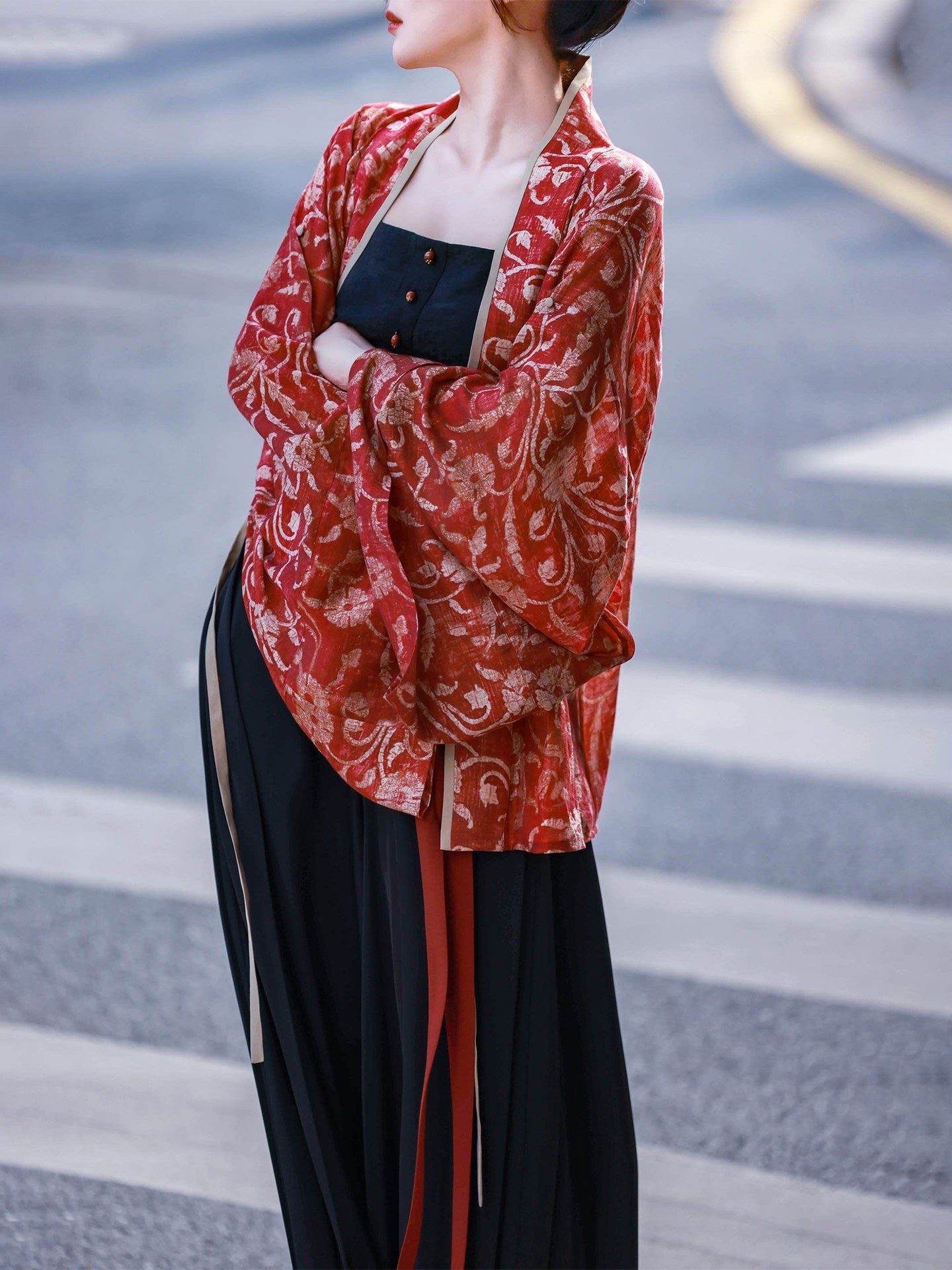Modern Chinese Style Hanfu Outfit Cardigan & Camisole with Song-Style Trousers - Vermilion Bird 朱雀 (Preorder)