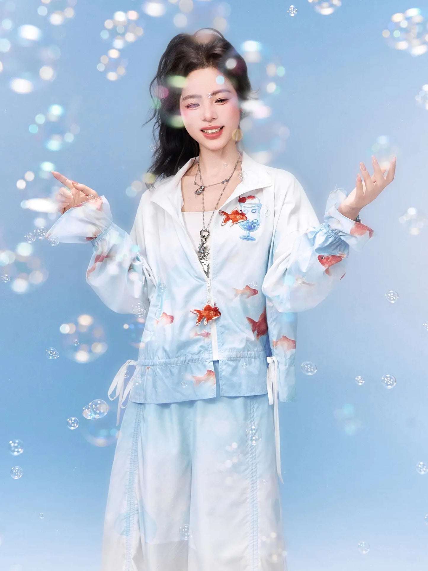 Neo-Chinese Goldfish Print Hooded Sun Jacket & Wide-Leg Pants 金鱼冰沙