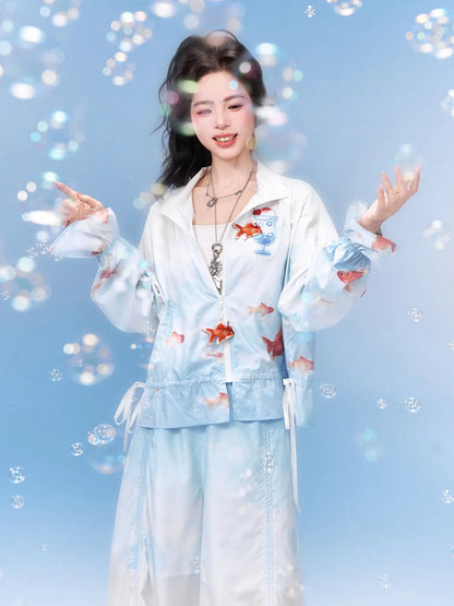 Neo-Chinese Goldfish Print Hooded Sun Jacket & Wide-Leg Pants 金鱼冰沙