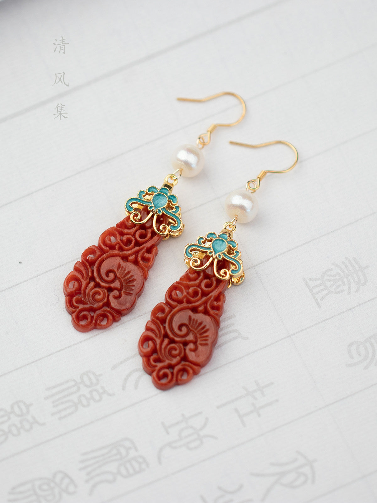Natural Red Jade Antique Earrings | Hanfu Jewelry