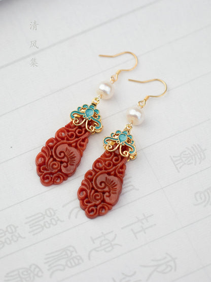 Natural Red Jade Antique Earrings | Hanfu Jewelry