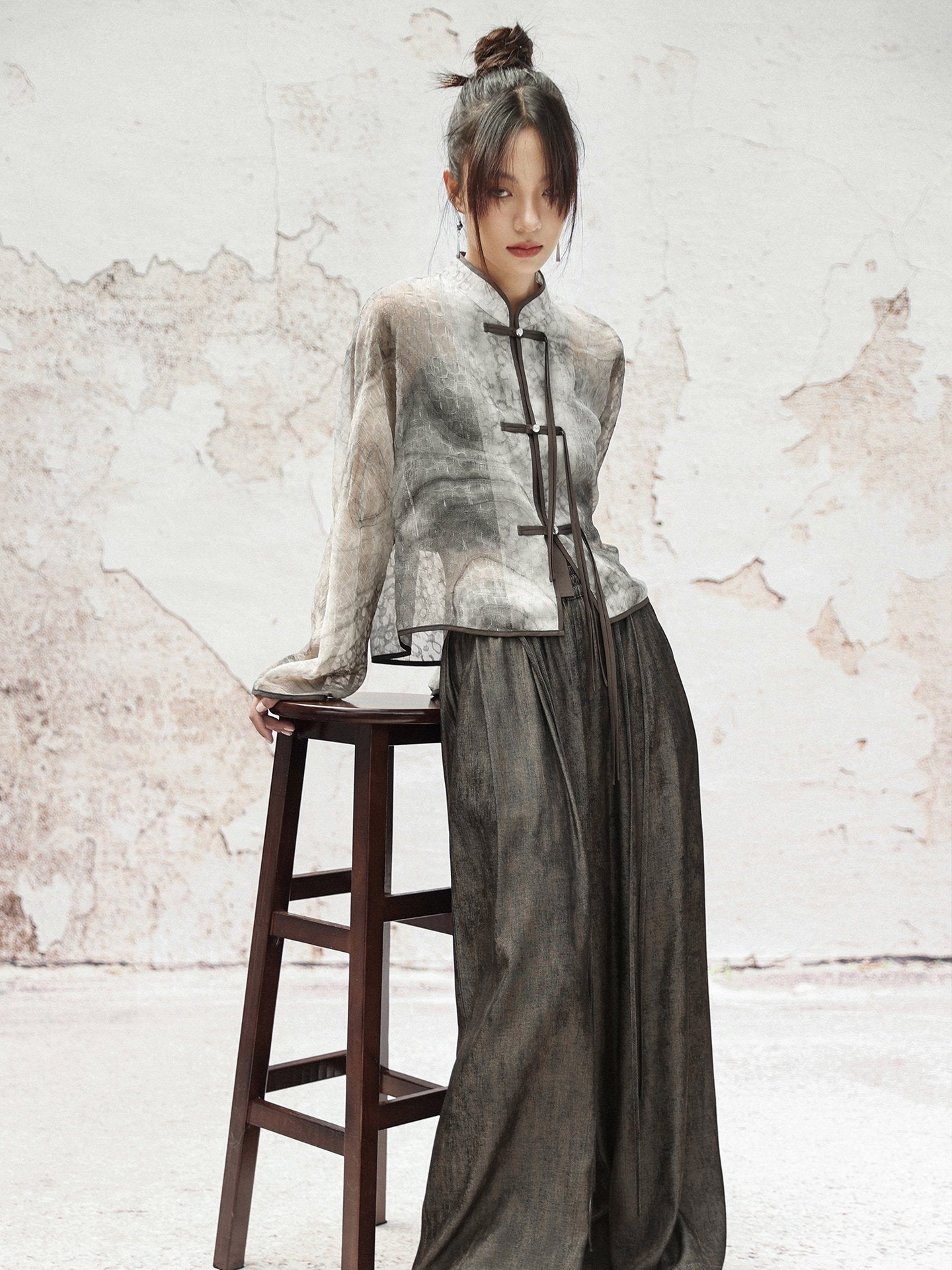 New Chinese Style Graphite Print Buckle Top Jacket