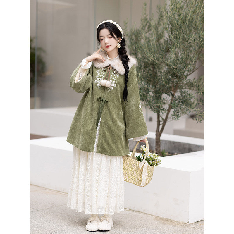 New Chinese Style Mid Length Jacket with Faux Fox Fur Collar - Matsuba Tea 松间茶 (Preorder)