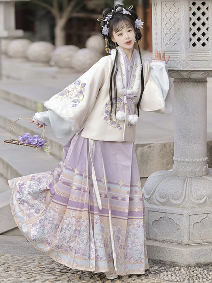Ming Dynasty Embroidered Cross Collar Jacket & Printed Mamian Skirt | Purple Softness 紫暖暖