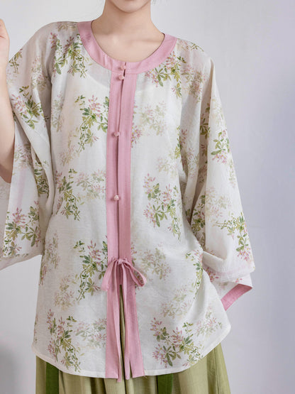 Ming Dynasty Modern Hanfu Round Collar Top and Elastic Skirt - Spring Branch 春枝