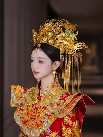 Starlit Phoenix Crown - Gold Bridal Headpiece Chinese Wedding Hair Accessories with Forehead Pendant