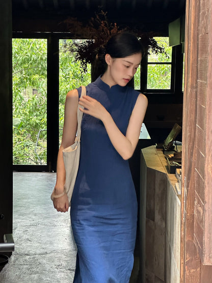 Sleeveless Hemp Long Cheongsam | Jiewen