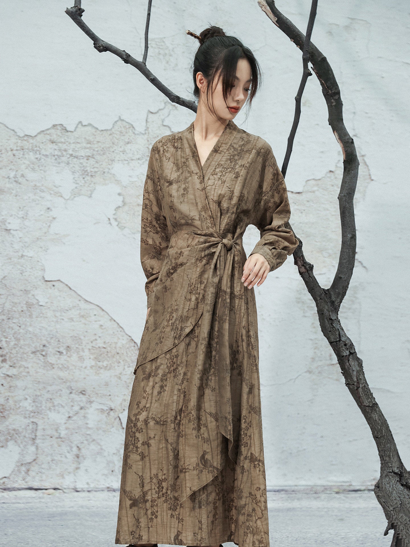 New Chinese Style V Neck Long Sleeve Jacquard Dress