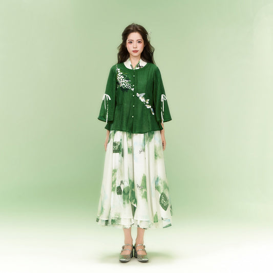 Modern Hanfu Embroidered Top & Dress Two-Piece Set 釉下春