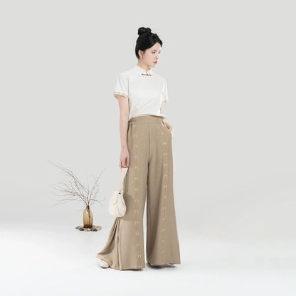 New Chinese Style Women Short Sleeve Top and Wide Leg Pants Modern Hanfu Set - Pinewood 松香木 (Preorder)