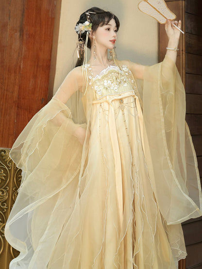 Chao Ge | Tang Dynasty Style Qixiong Ruqun Hanfu Set with Wide Sleeve Jacket