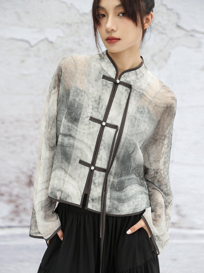 New Chinese Style Graphite Print Buckle Top Jacket