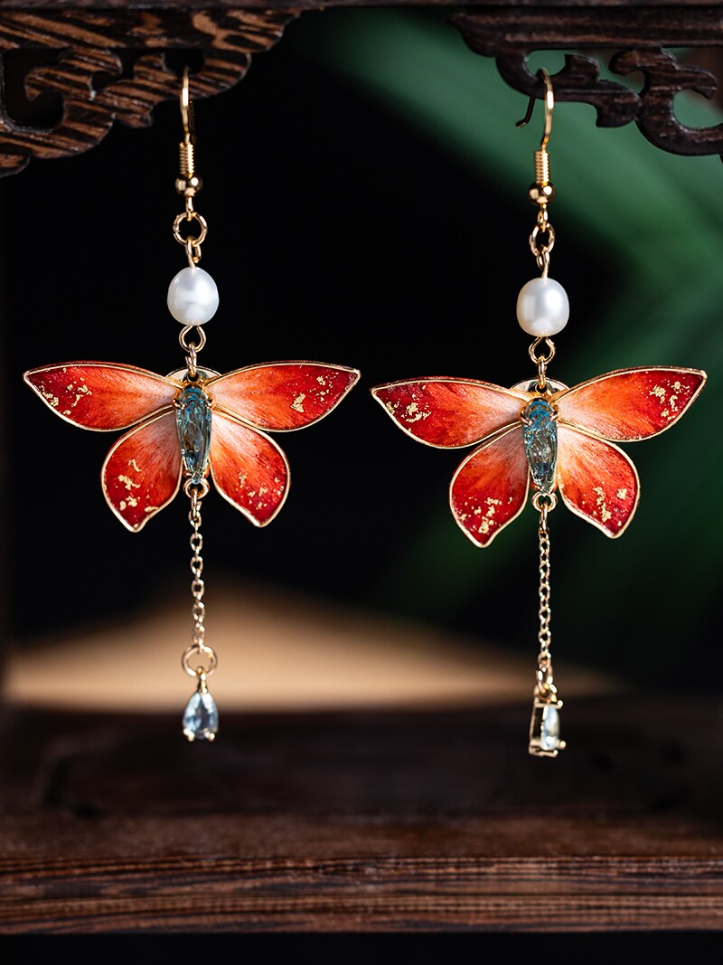 Butterfly Tassel Velvet Flowers Earrings | Hanfu Jewelry