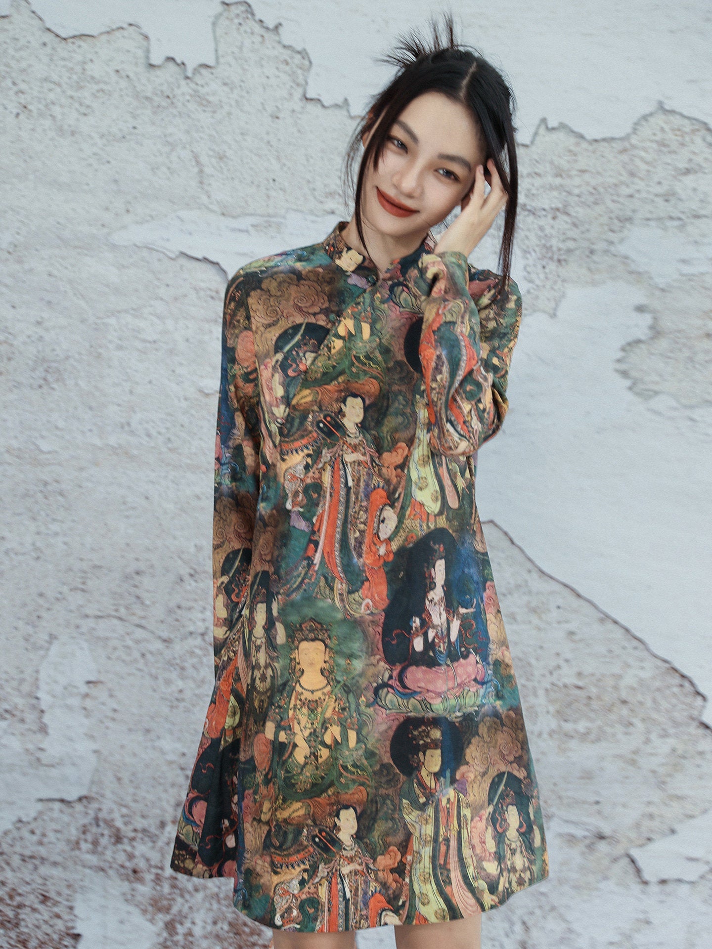 New Chinese Style Dunhuang Mural Prints Long Sleeve Cheongsam Dress