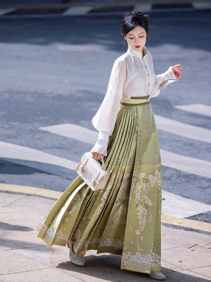 Ming Dynasty Modern Hanfu Long Sleeve Shirt with Mamianqun - Acacia Flower 咏槐花