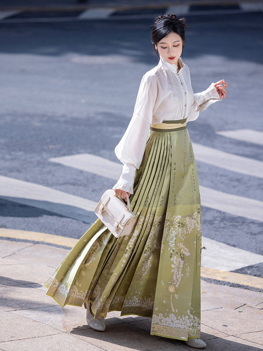 Ming Dynasty Modern Hanfu Long Sleeve Shirt with Mamianqun - Acacia Flower 咏槐花