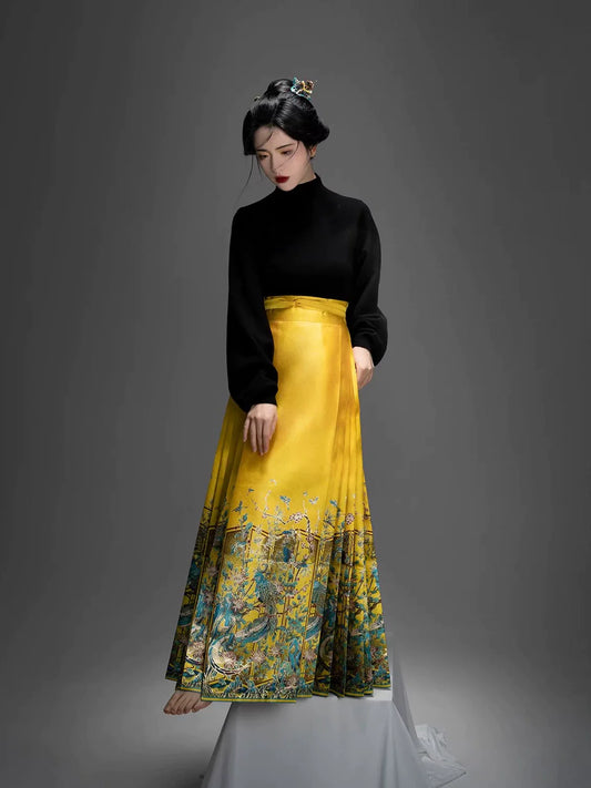 Kingfisher Chinese Blouse & Mamian Skirt Outfit - modern Ming-inspired hanfu, front view