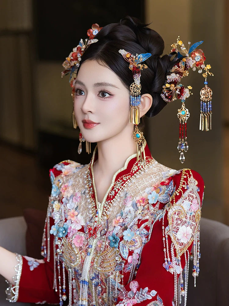 Unique Red and Blue Bloom - Bridal Hair Accessories Chinese Wedding Headpiece for Hanfu and Xiuhe Dress