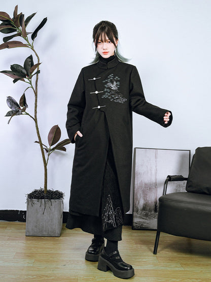 New Chinese Style Embroidery Tweed Coat - Songhe 松鹤
