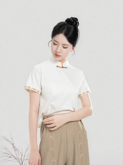 New Chinese Style Women Short Sleeve Top and Wide Leg Pants Modern Hanfu Set - Pinewood 松香木 (Preorder)