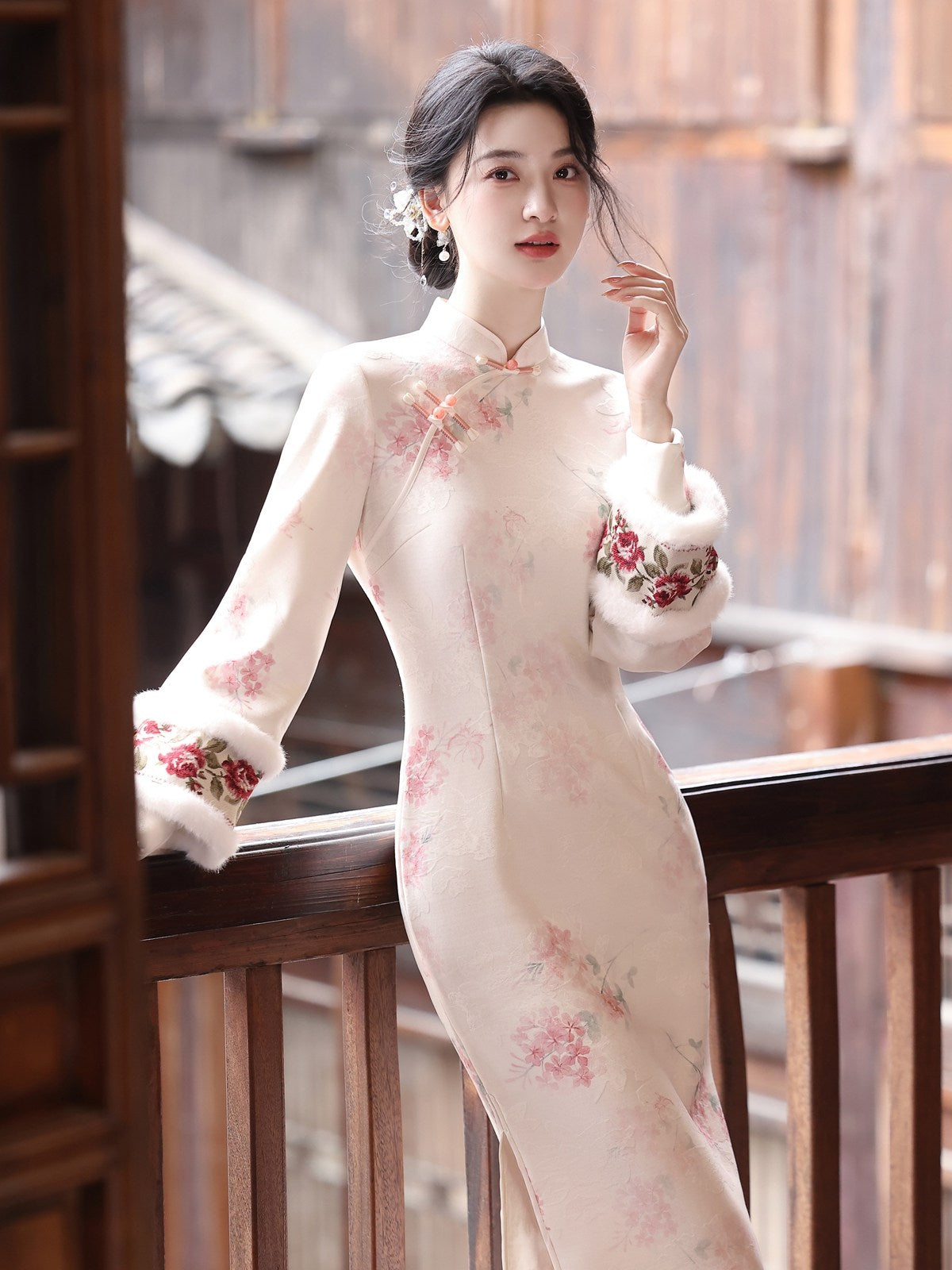 Long Sleeve Fur Trim Soft Pink Floral Qipao | Blush