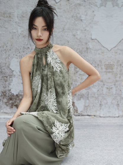 New Chinese Style Chrysanthemum Embroidered Dress Halter Neck Sleeveless Dress - Yaju 雅菊