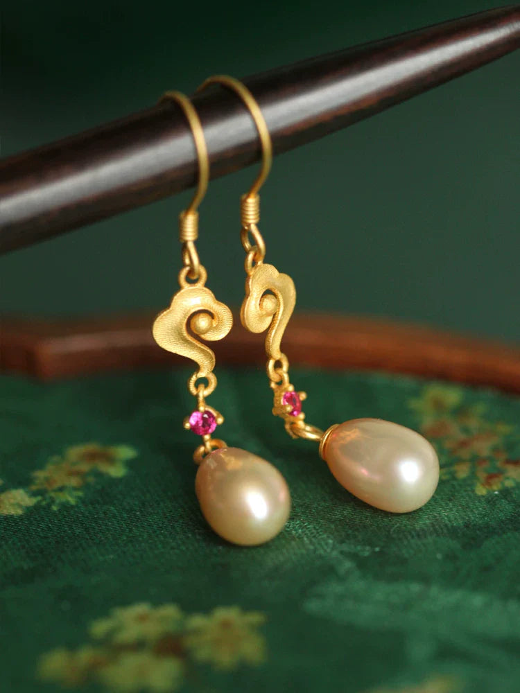 Golden Clouds Pearl Drop Earrings | Hanfu Jewelry