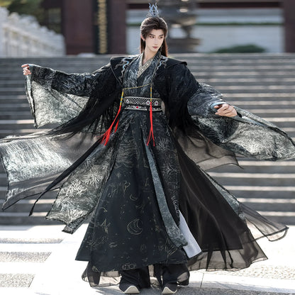 Night Ink Sovereign 夜墨青王 - Unisex Hanfu Cloak Robe in Dark Immortal Style, Song-Inspired Chinese Outfit