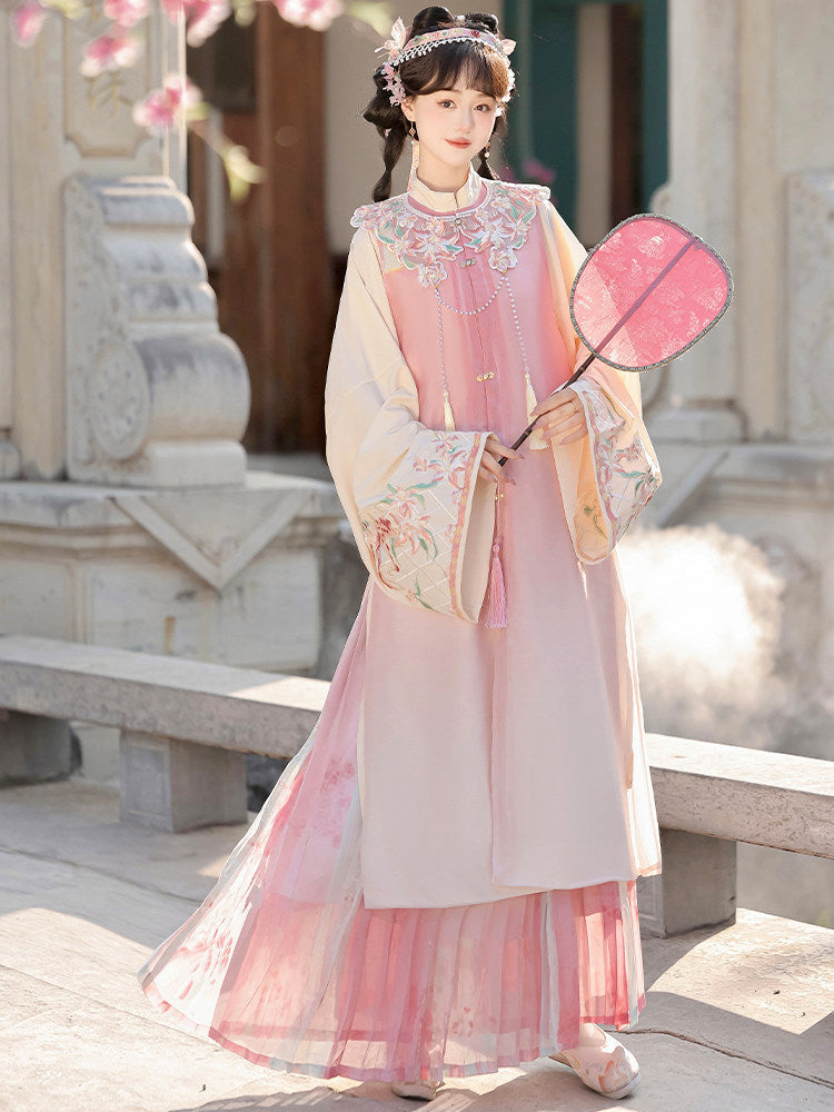 Ming Dynasty Bijia Vest & Printed Pleated Skirt | Moon and Evening Flowers 月夕花晨