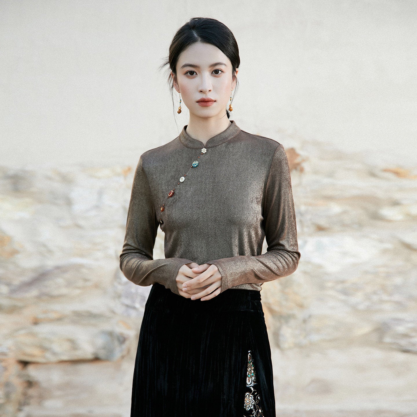 New Chinese Style Women Satin Shimmer Top - Ruoyan 若烟