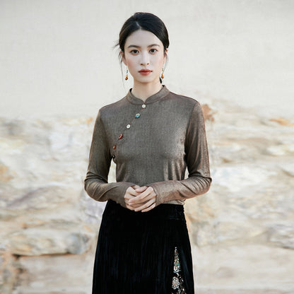 New Chinese Style Women Satin Shimmer Top - Ruoyan 若烟