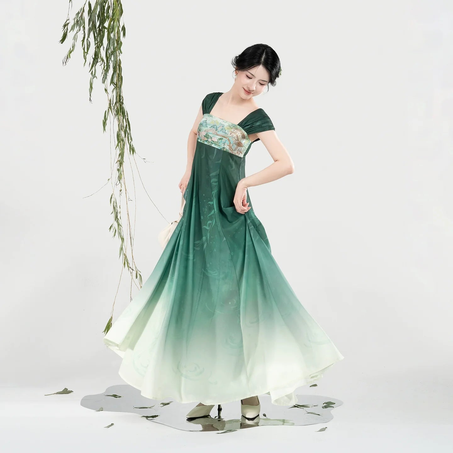 New Chinese Style Women Jiangnan Lake-Inspired Gradient Maxi Dress - Chijiao 柳池娇 (Preorder)