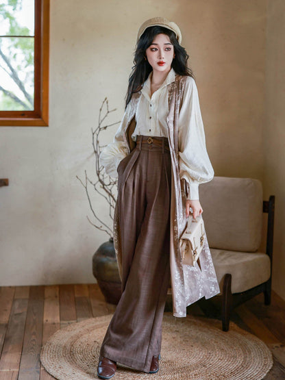 Chinese Sleeveless Robe with Cotton Linen Top & Wide Leg Pants | Southern French Holiday 南法假日