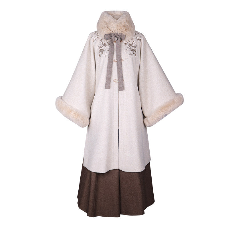 Ming Dynasty Modern Hanfu Coat and Wrap Skirt for Autumn and Winter - Cappuccino 卡布奇诺