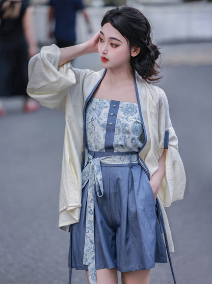 Song Dynasty Modern Hanfu Camisole and Cardigan with Shorts or Wide Leg Pants - Kongqing 空青 (Preorder)