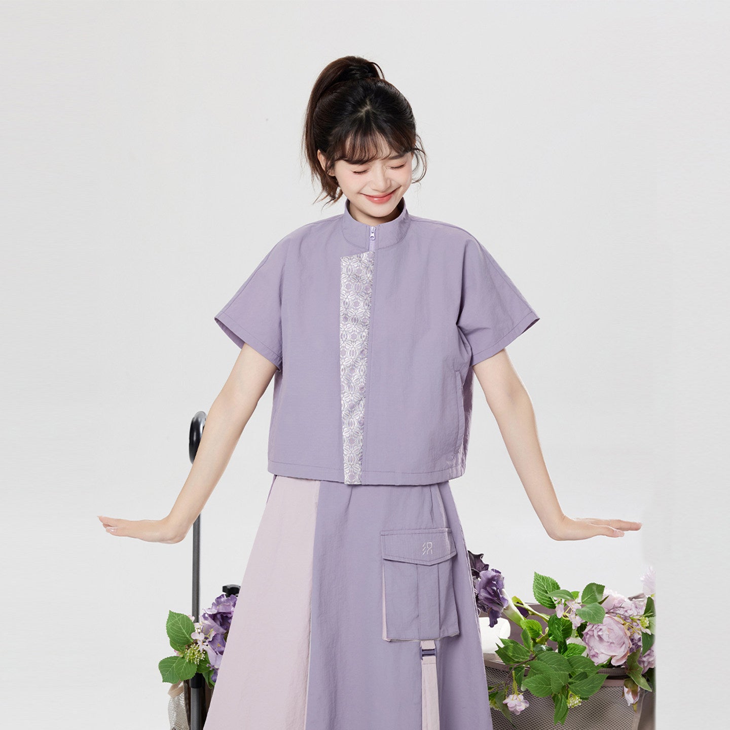 Xunshan | New Chinese Style Stand Collar Top and Skirt Set