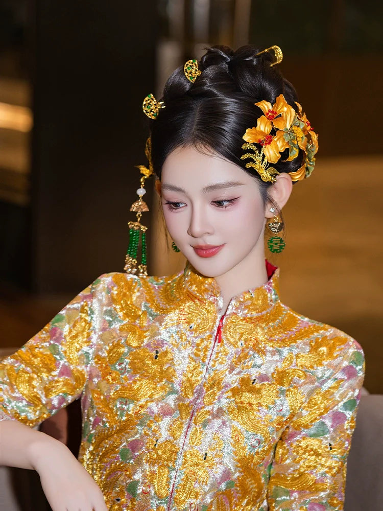 Golden Flower Phoenix Bridal Hairpin Tassel Chinese Wedding Hair Accessories for Hanfu Bride