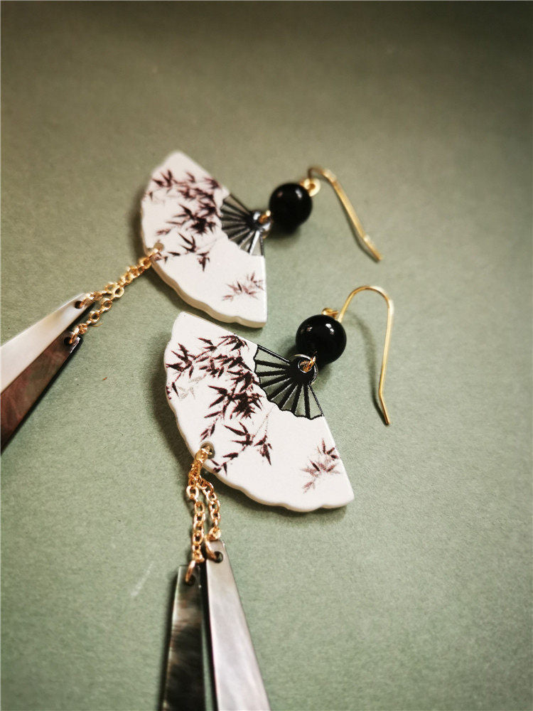 Ink Leaves Fan Shaped Earrings | Cheongsam Jewelry