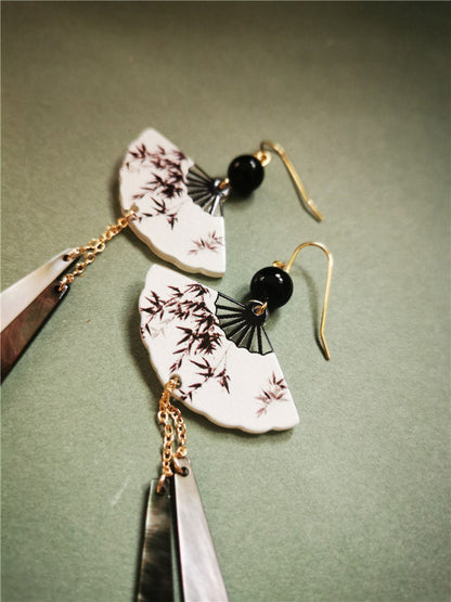 Ink Leaves Fan Shaped Earrings | Cheongsam Jewelry