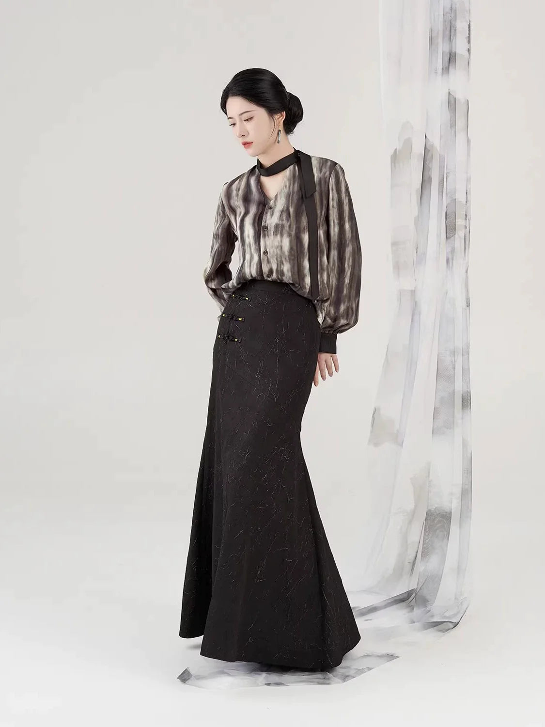 New Chinese Style Women Tailored Blazer Coat, Long Sleeve Shirt & Gold Button Mermaid Skirt - Jiangpu 江浦 (Preorder)