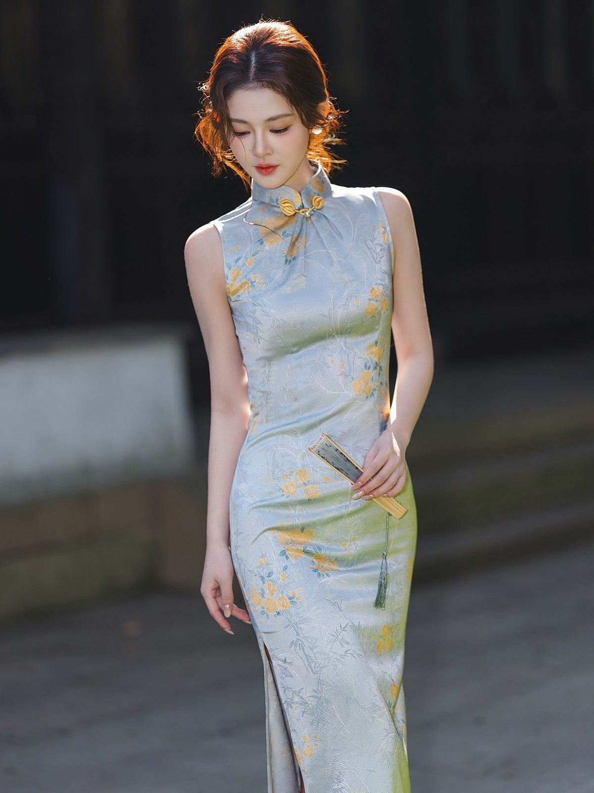 Sleeveless Floral Long Cheongsam | Skies