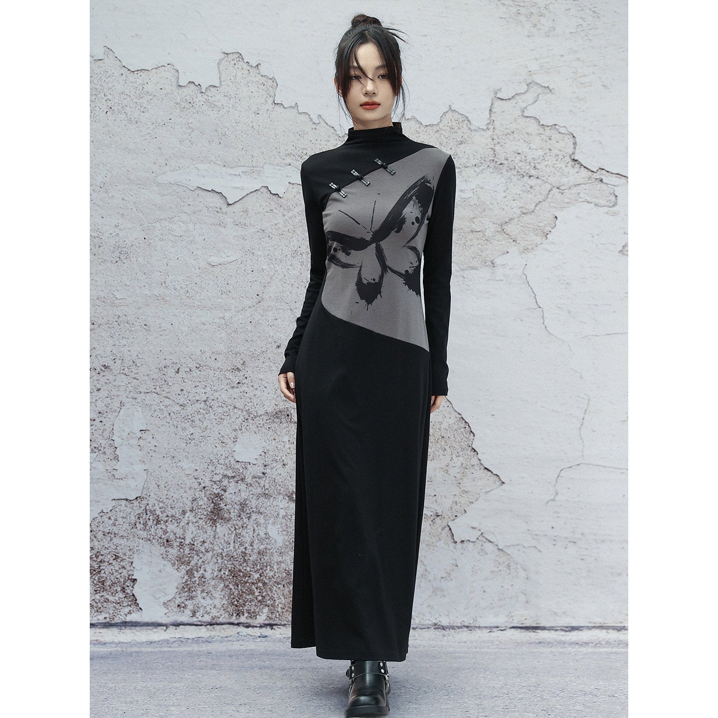 New Chinese Style Retro Ink Butterfly Print Long Sleeve Dress