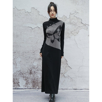 New Chinese Style Retro Ink Butterfly Print Long Sleeve Dress