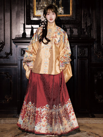 Ming Dynasty Wedding Hanfu Set with Pipa Sleeve Top & Mamian Skirt | Auspicious Fortune 福禄来宜