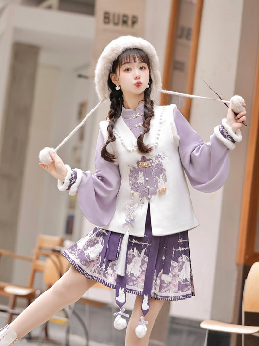 Ming Dynasty Modern Hanfu Pipa Sleeve Top and Short Mamianqun for Autumn and Winter - Velvet Rabbit 绒兔兔