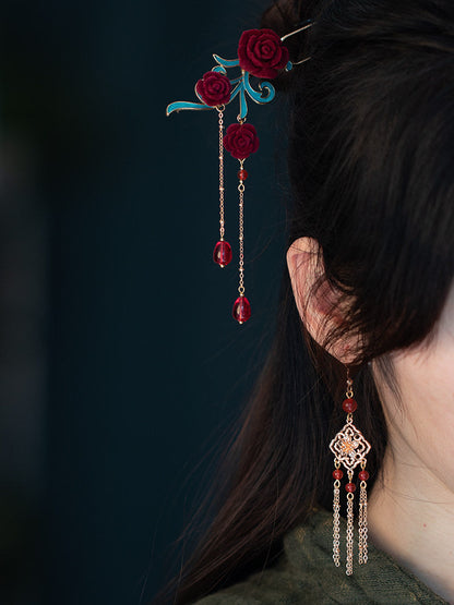 Red Onyx Tassel Antique Earrings | Hanfu Jewelry