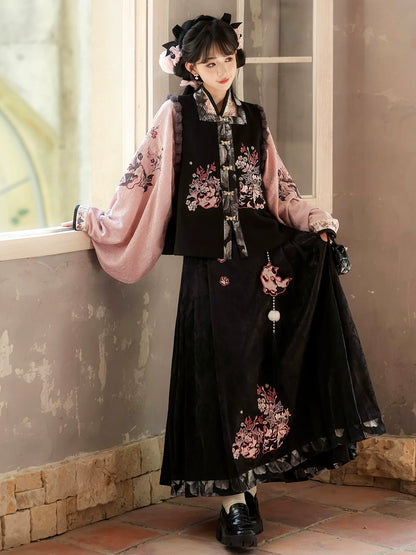Painted Grace 粉墨千金 - Modern Hanfu Set with Cross-Collar Top, Vest, and Mamian Skirt, Daily New Chinese Style Outfit (Preorder)